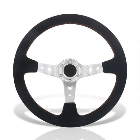 AJP Distributors JDM Sport Universal 350mm 14" Black Suede 6 Bolts Holes Steering Wheel Red Stitching Light Weight Aluminum Deep Dish Spokes + Horn Button Drifting Grip Replacement