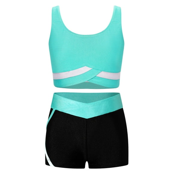 Sxiwei Kids Girls 2 Pcs Athletic Outfit Gymnastic Crop Top with Shorts Set Dancewear Swimwear Blue Green 10