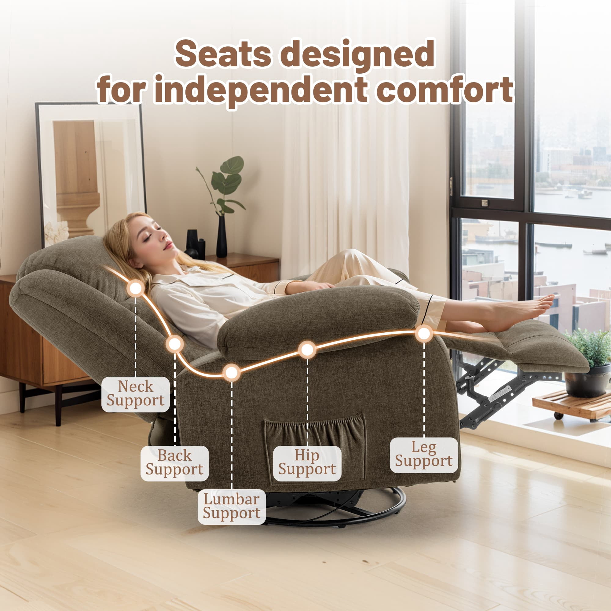 Korser Oversized Swivel Rocker Recliner Chair with Massage and Heating for Living Room,Brown