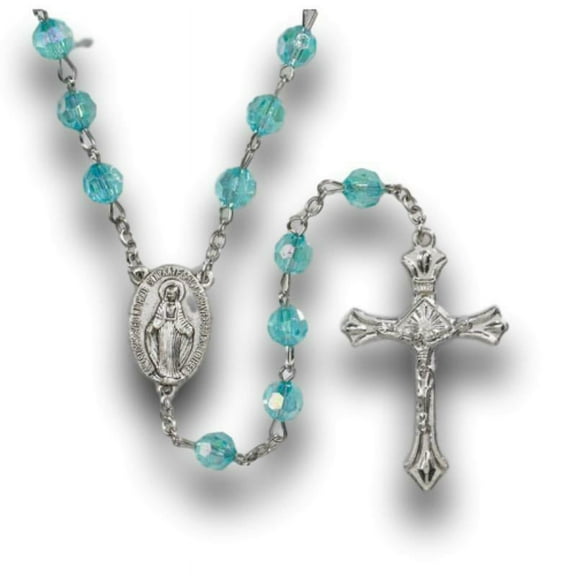 Catholic Rosary Virgin Mary Acrylic Aqua Blue Beads 21 1/2" Long