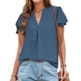 thumbnail image 1 of Blusa AURUZA para mujer con cuello en V y volantes, manga corta, azul marino, 1 of 7