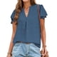 thumbnail image 1 of Blusa AURUZA para mujer con cuello en V y volantes, manga corta, azul marino, 1 of 7