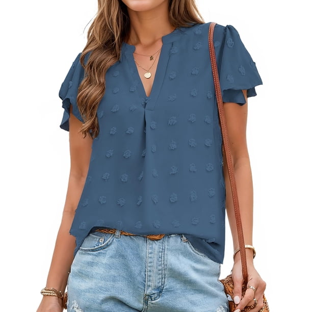 Blusa AURUZA para mujer con cuello en V y volantes, manga corta, azul marino