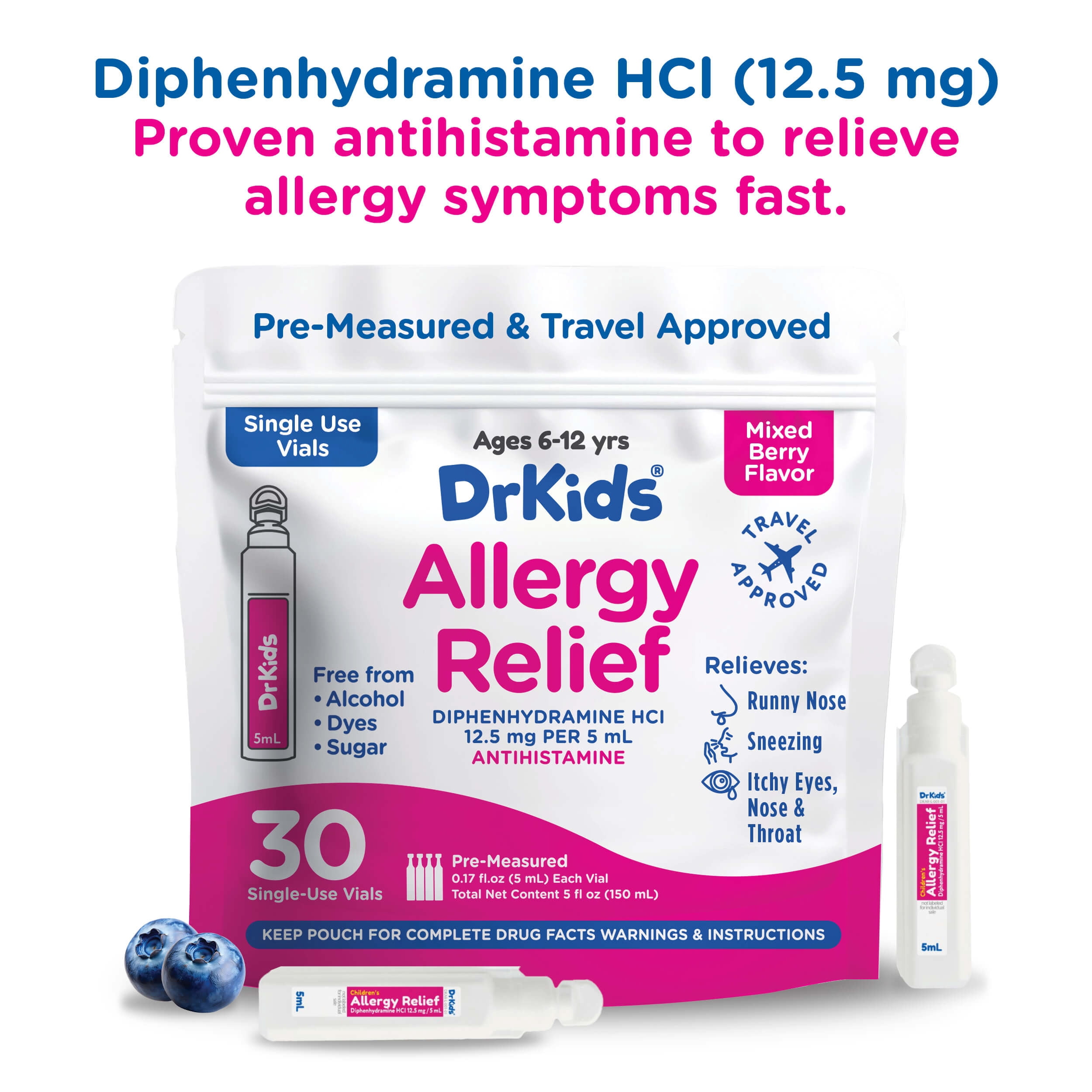 DrKids Children's Allergy Relief Medicine with Diphenhydramine - Pre-Measured Single-Use Vials - Antihistamine for Sneezing, Runny Nose & Itchy Eyes, Mixed Berry Flavor, 30 Vials
