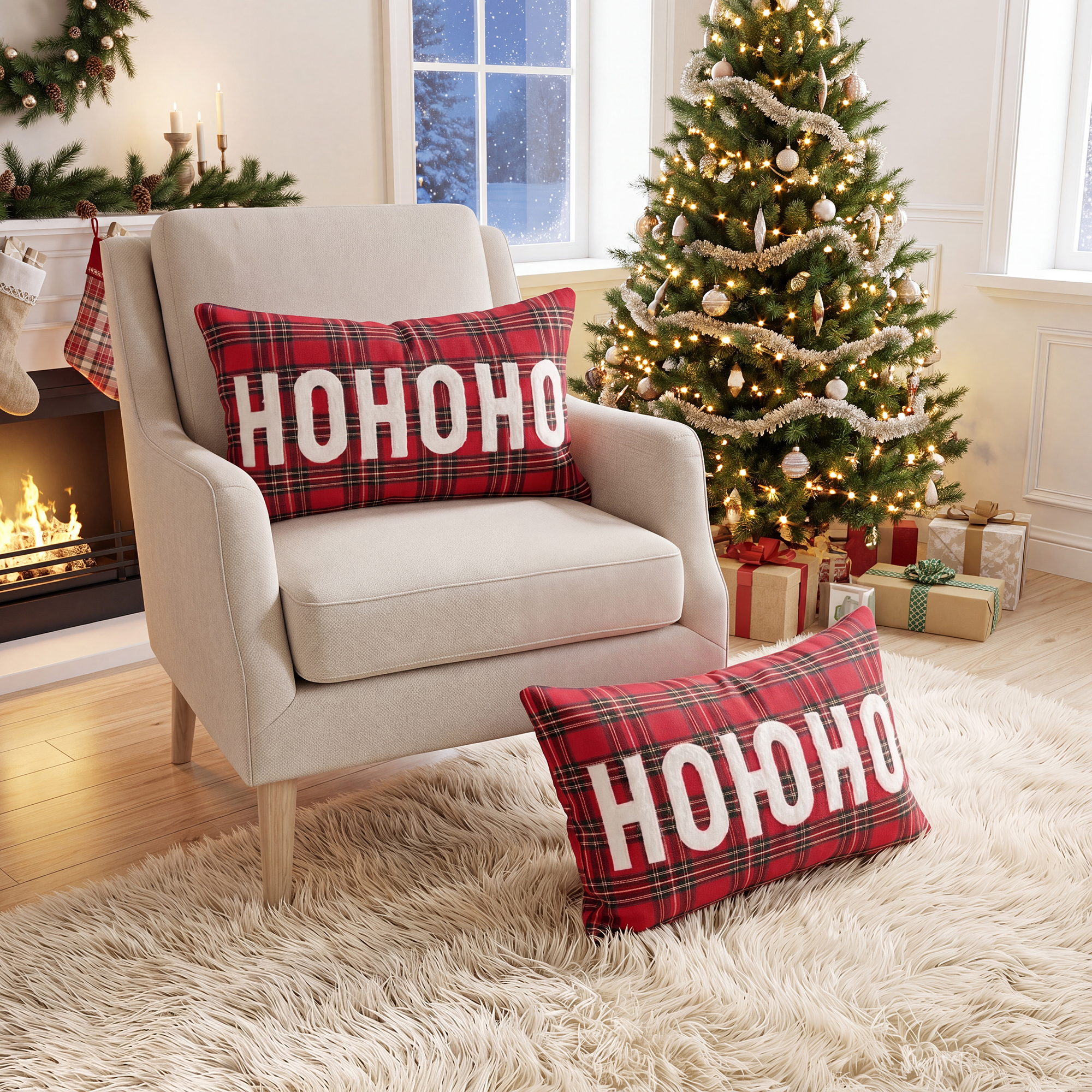 Unique Bargains Plaid Throw Pillow Covers Tartan Cushion Cases Red Plaid HoHoHo 20"x12"
