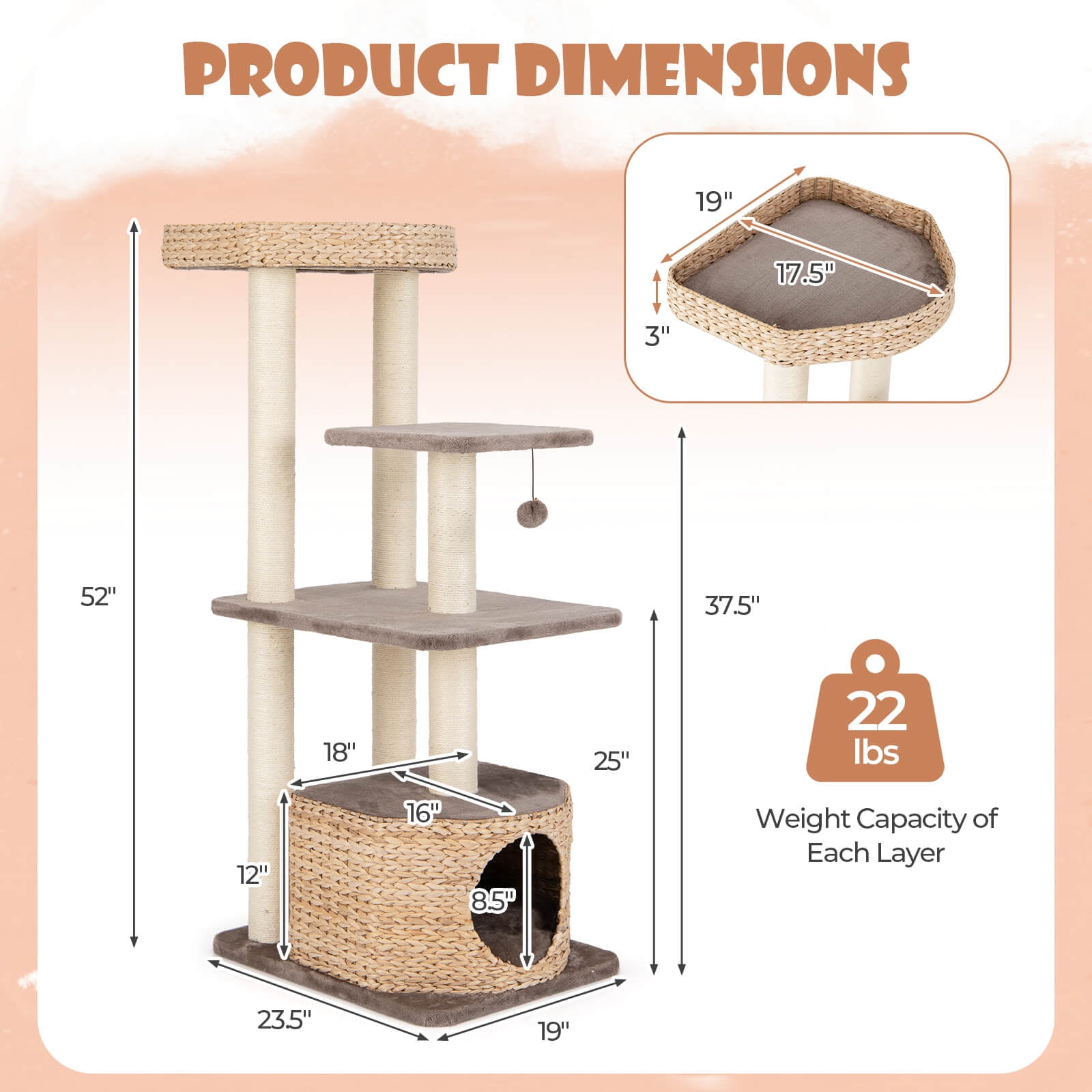Infans 52" Cattail Cat Tower w/ Sisal Scratching Posts Perch Dangling Ball Cat Tree