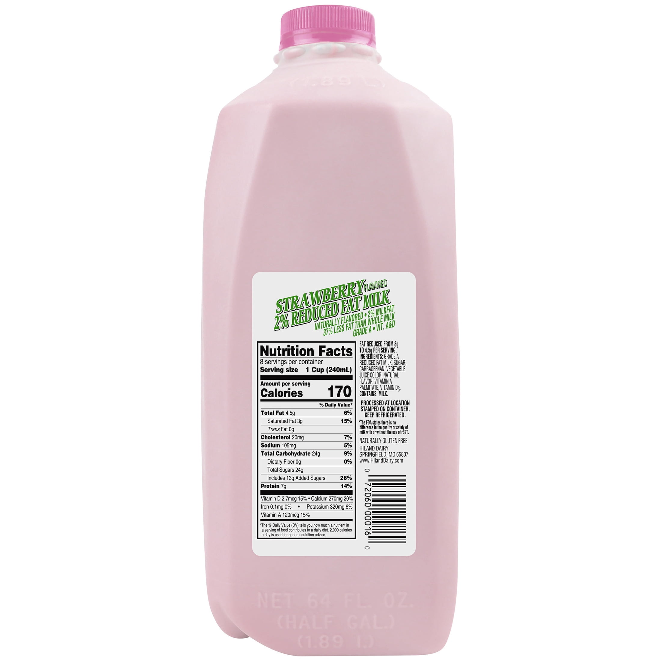 Hiland 2% Reduced Fat Strawberry Milk, Half Gallon, 64 fl oz