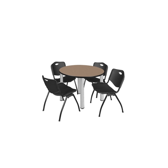 Regency Kee 36" Round Breakroom Table- Noble Oak/ Chrome & 4 'M' Stack Chairs- Black