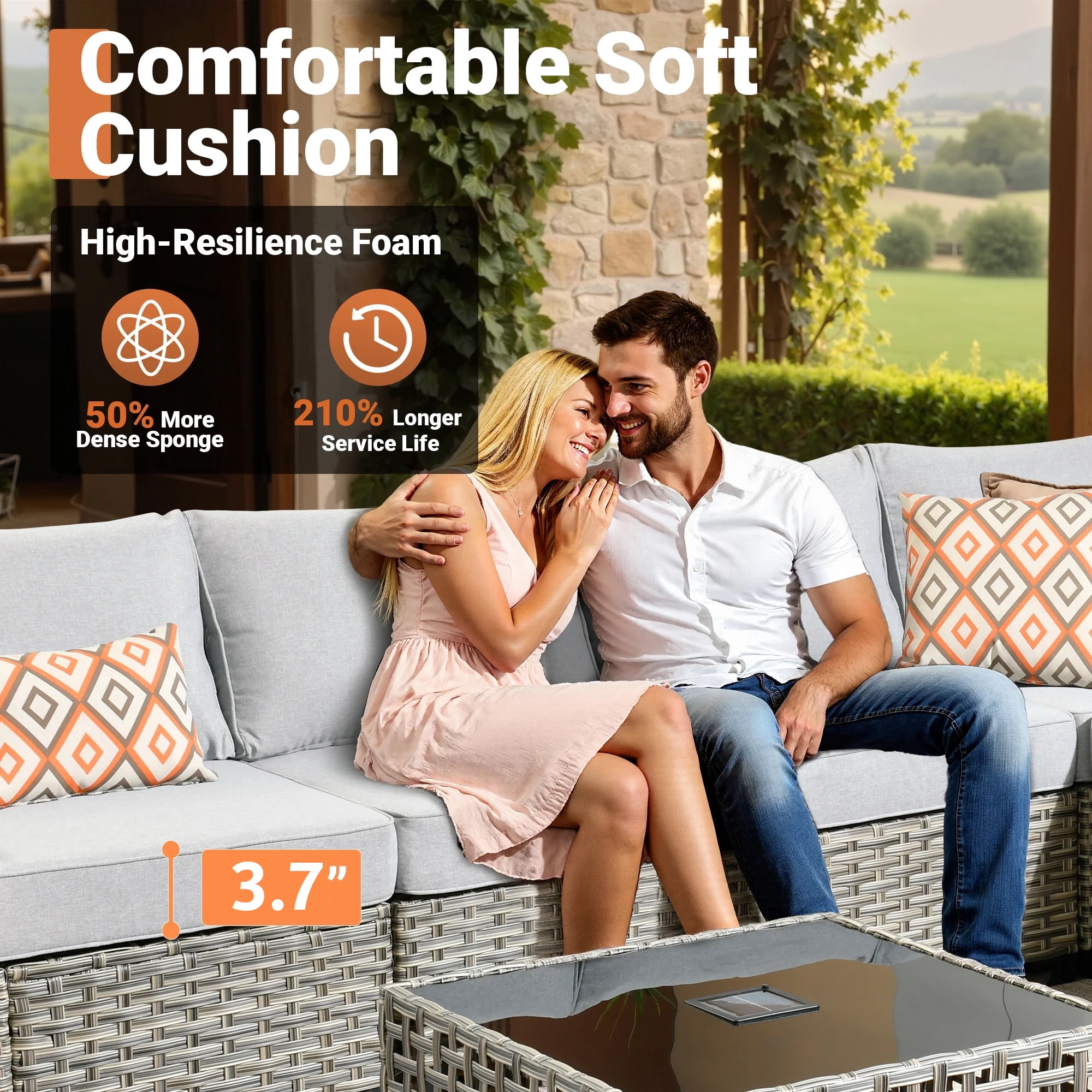 Vcatnet 8 Pieces Patio Furniture Sets PE Wicker Sectional Sofa Rattan Outdoor Conversation Set with Solar Powered Coffee Table for Porch, Backyard, Gray
