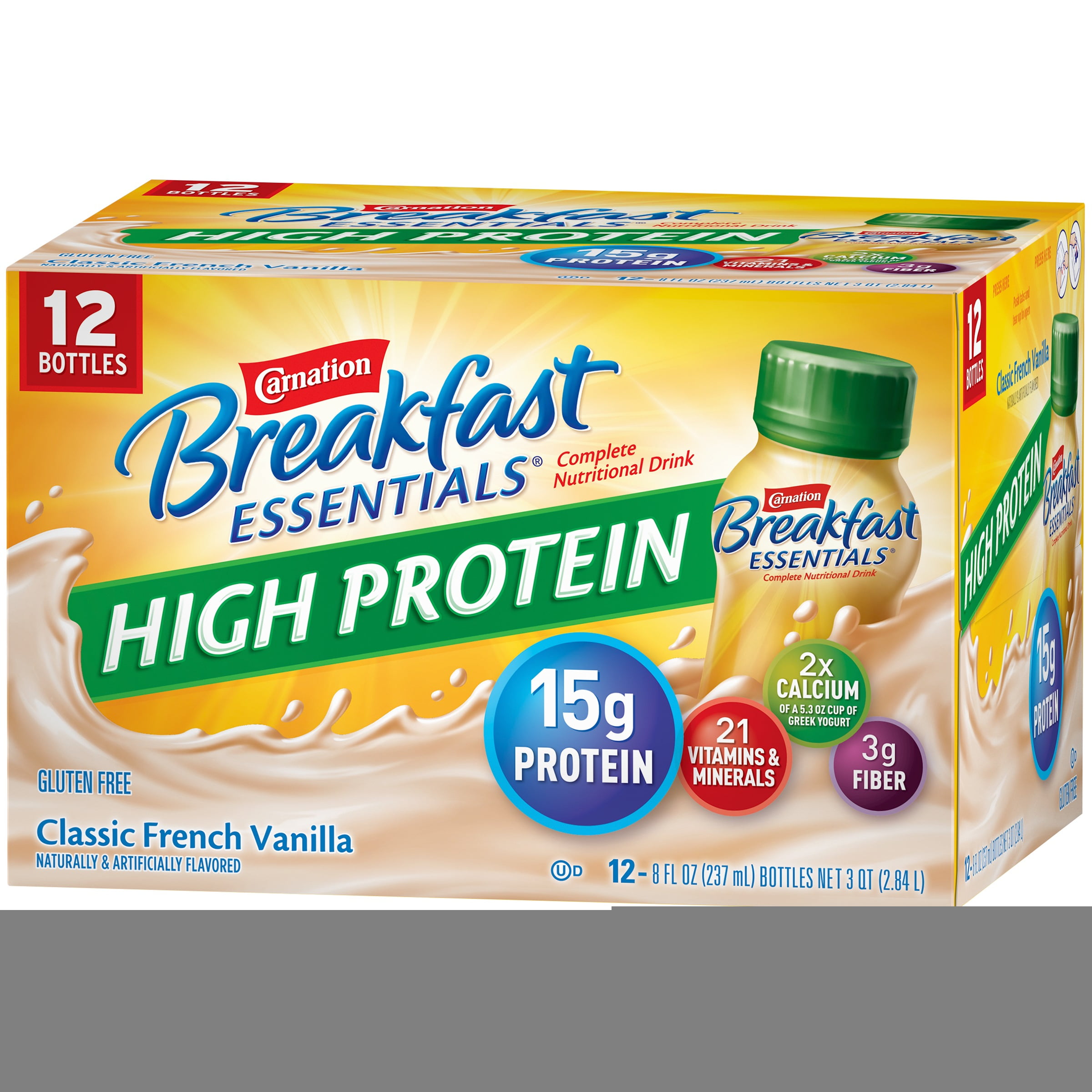 CARNATION BREAKFAST ESSENTIALS HIGH PROTEIN Classic French Vanilla 12-8 fl. oz. Bottles