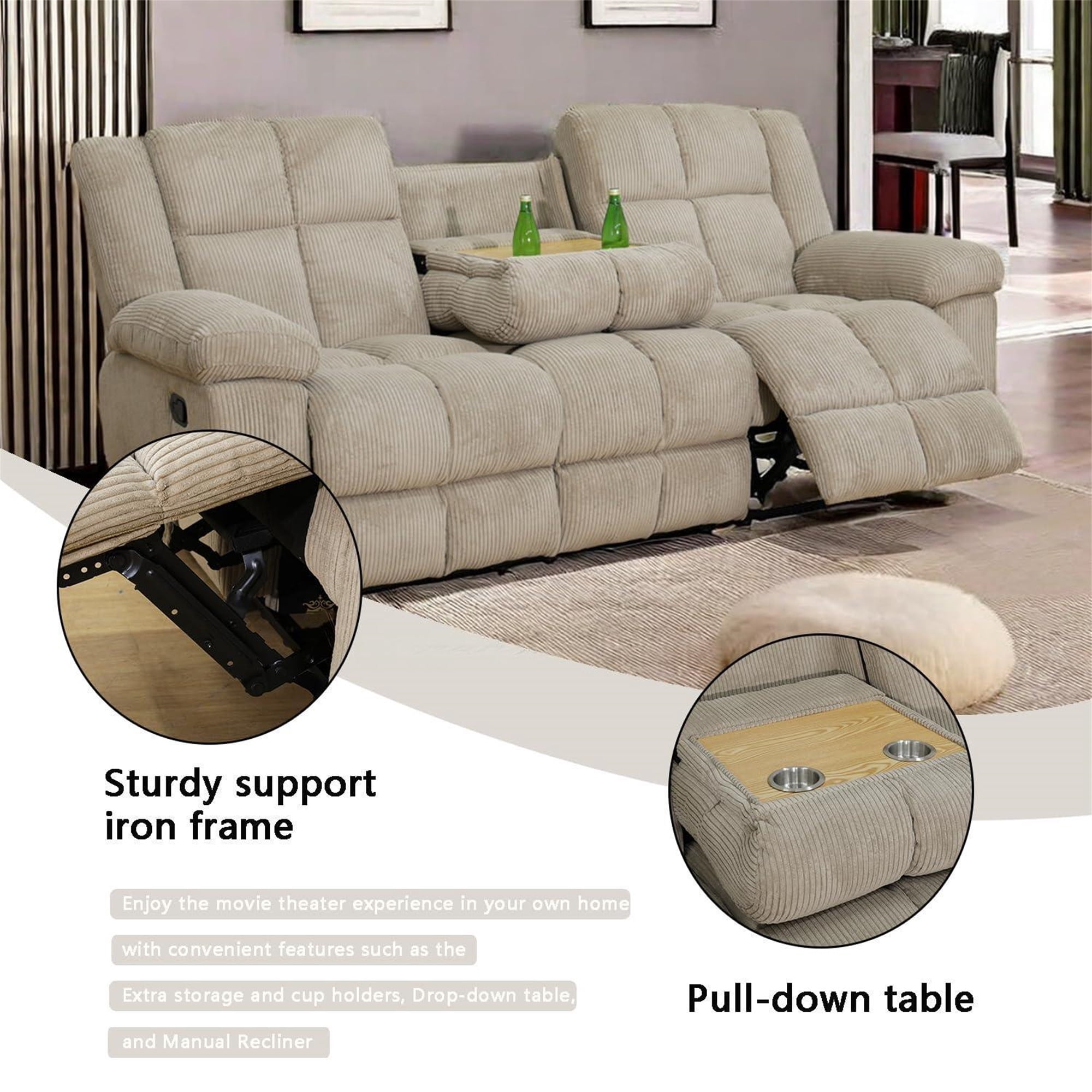 Aukfa 3-Piece Recliner Sofa Set - 89" 3 Seat Recliner w/ Flip Backrest Cupholder, Home Theater Seating, Beige