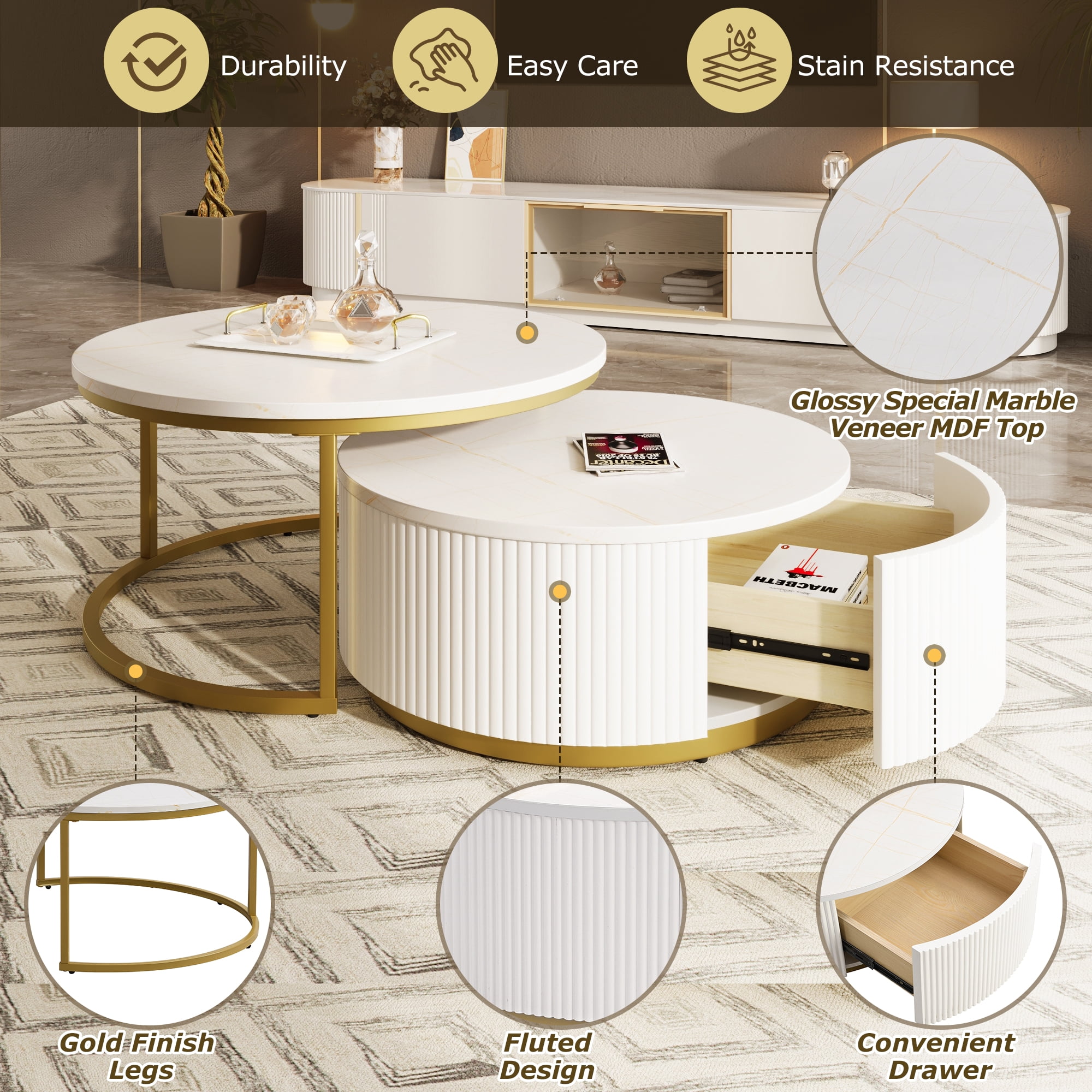 Harper & Bright Designs Round Nesting Coffee Table Set of 2, Golden Metal Center Table with Storage Drawer for Living Room, White 31.5'