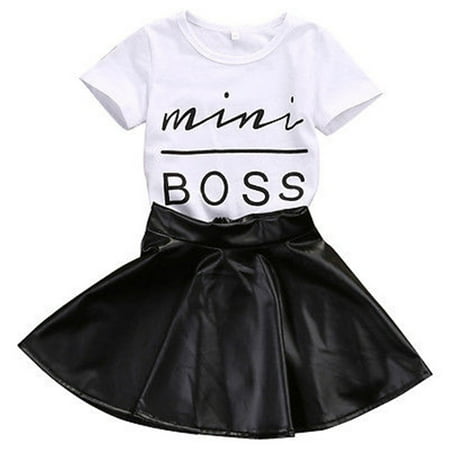 

Kiapeise 2 Pcs Little Girls Short Sleeve Letter T-shirt + Mini Skirt