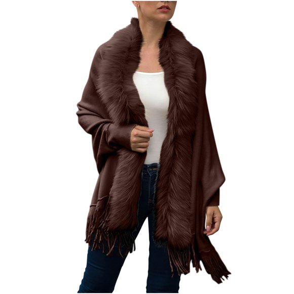 yardsong Bridal Luxury Faux Fur Cape Women Open Front Long Sleeve Fringe Cozy Stylish Wrap Gray,One Size