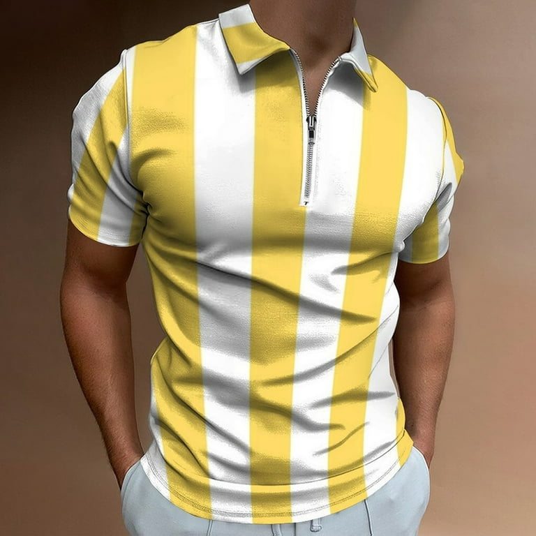 Yellow And White Vertical Stripes Men Zipper T-shirt Summer Casual