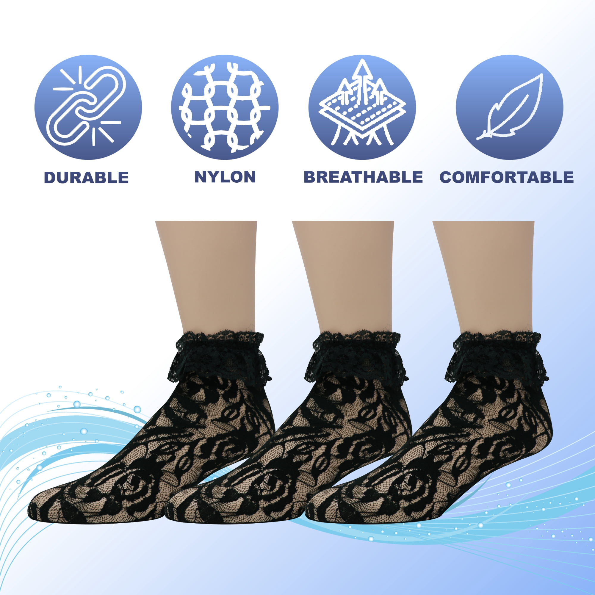 EMEM Apparel Women's Ladies Lace Anklet Ankle Quarter Socks Stockings with Ruffle Black 9-11