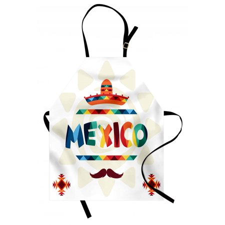 - Mexican Apron Mexico Traditional Aztec Motifs and Sombrero Straw Hat and Moustache Graphic Print, Unisex Kitchen Bib Apron with Adjustable Neck for Cooking Baking Gardening, Multicolor, by Ambesonne