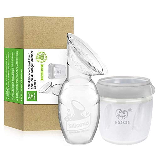 Haakaa Manual Breast Pump with Storage Milk Bottle for Breastfeeding 100% Food Grade Silicone BPA PVC and Phthalate Free (4oz/100ml Pump + 160ml Storage Milk Bottle)