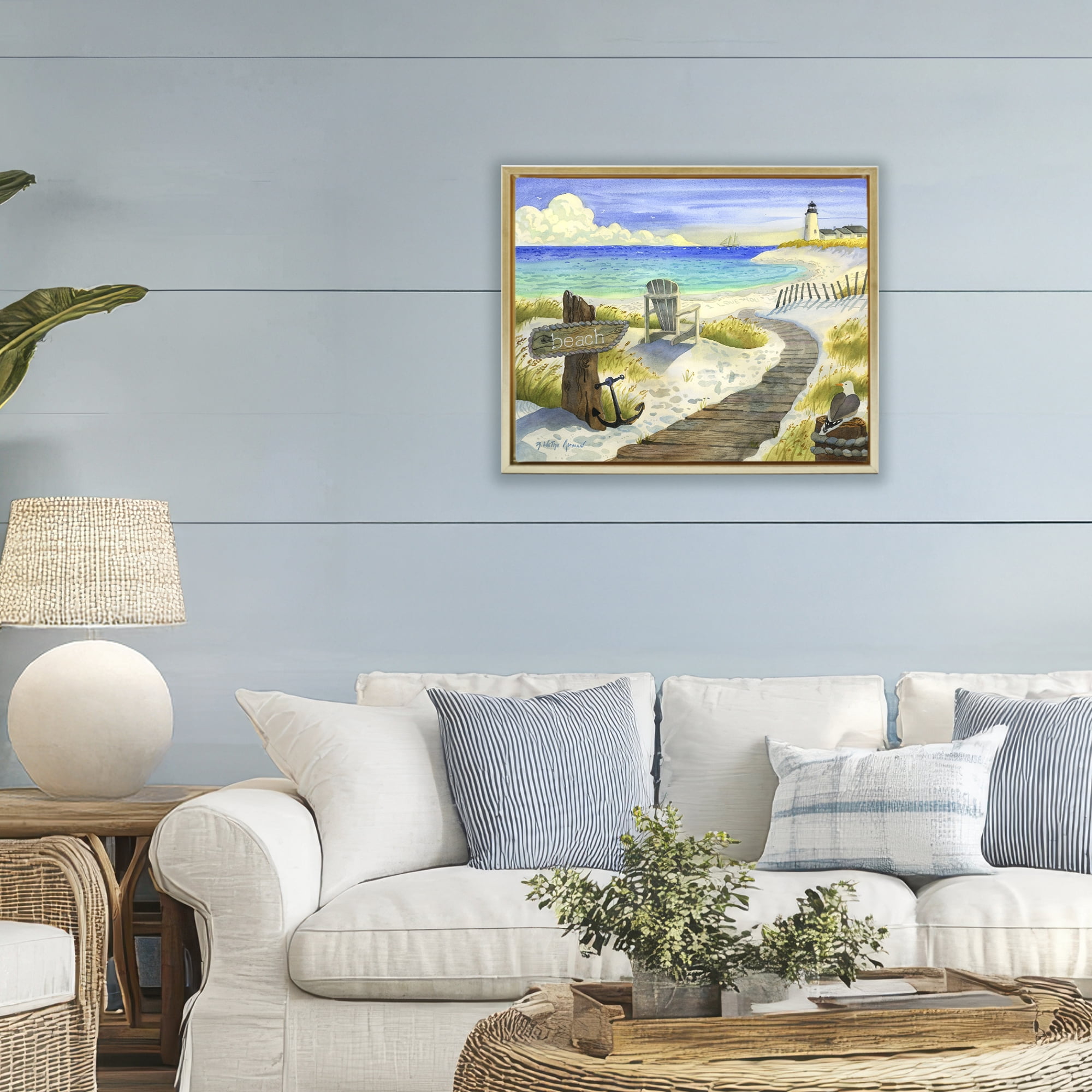 Stupell Industries Boardwalk To The Lighthouse Gold Framed Floater Canvas Wall Art, design by Robin Altman