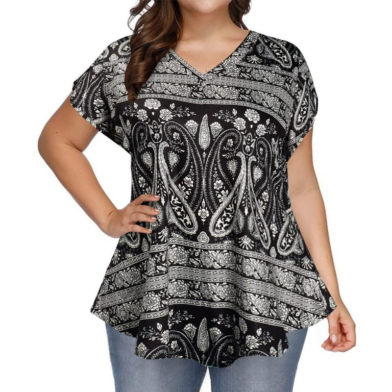 CYMMPU Women's Short Sleeve Summer Plus Size Tunic Blouse Clearance Vintage  Flora Printing V-Neck Tshirt Plus Size Work Tops Comfy Casual Loose Shirts