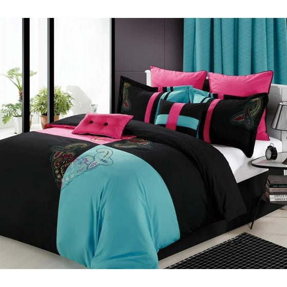 2760 Full White 12pc Luxury Bedding Set Hipster Black Turquoise 2760 Full White 12pc Luxury Bedding Set Hipster Black Turquoise Pink