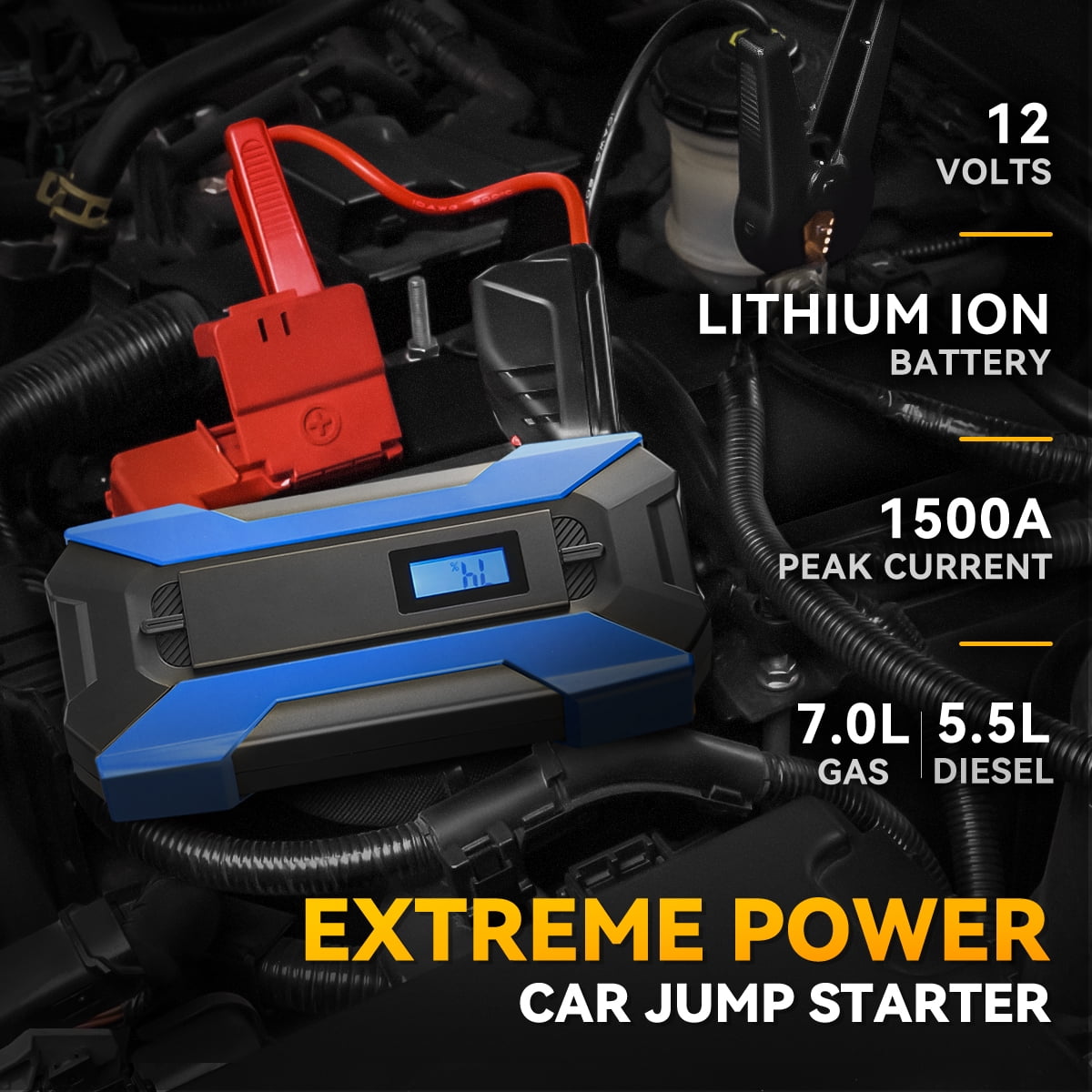 ‎12V 1500A 15000 mAh Multi-function Portable Car Battery Jump Starter for Up to 7.0L Gas & 5.5L Diesel Engine, With Carry Case Blue