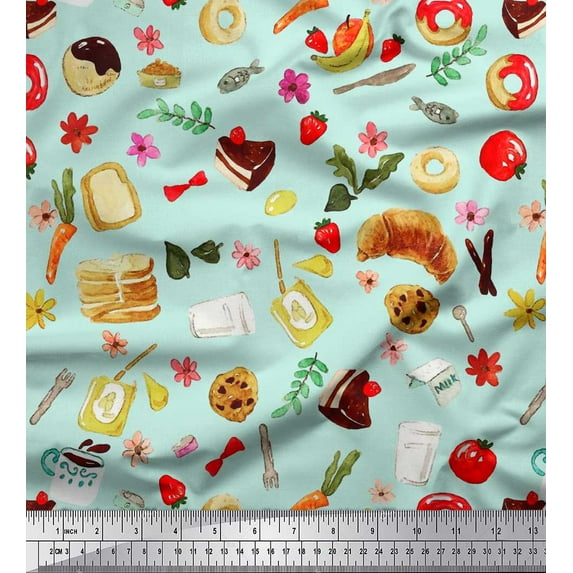 Soimoi Velvet Fabric Fruits,Bread & Donut Food Print Sewing Fabric Yard 58 Inch Wide