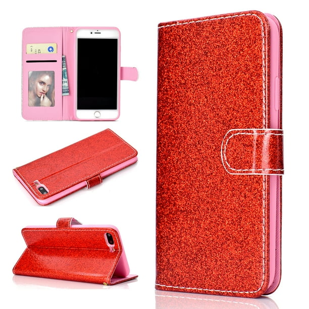 Iphone 7 Plus Case Wallet Iphone 8 Plus Case Allytech Glitter Sparkle Bling Cover Folio Credit Card Holder Wristlet Protective Phone Case For Girls Women For Apple Iphone 7 Plus 8 Plus Red Walmart Com