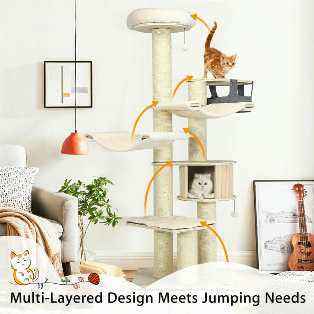 YYAo Large Cat Tree, Luxury Cat Tower Cat Condo, Cat Play House, 77.5-Inch Cat Tree Condo Multi-Level Kitten Activity Tower with Sisal Posts-Cream White