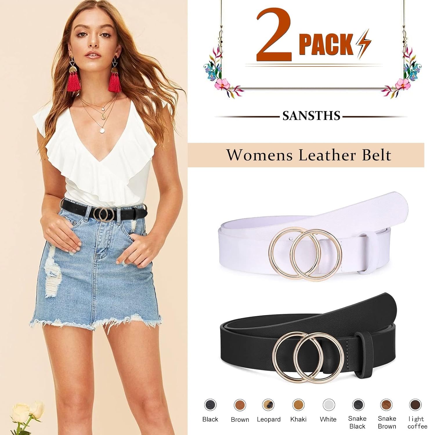 5877 2 Pack Women Leather Belt Fashion Waist For Pants Jean 2 Pack Women Skinny Belt Thin Waist Belt with Fashion Gold  main image 3