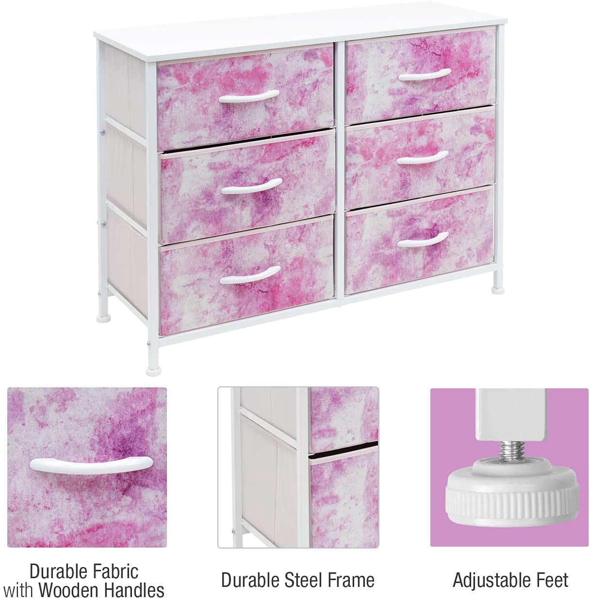 Sorbus Dresser with 6 Drawers - Furniture Storage Chest Tower Unit for Bedroom, Hallway, Closet, Office Organization - Steel Frame, Wood Top, Tie-dye Fabric Bins (6-Drawer, Pink)