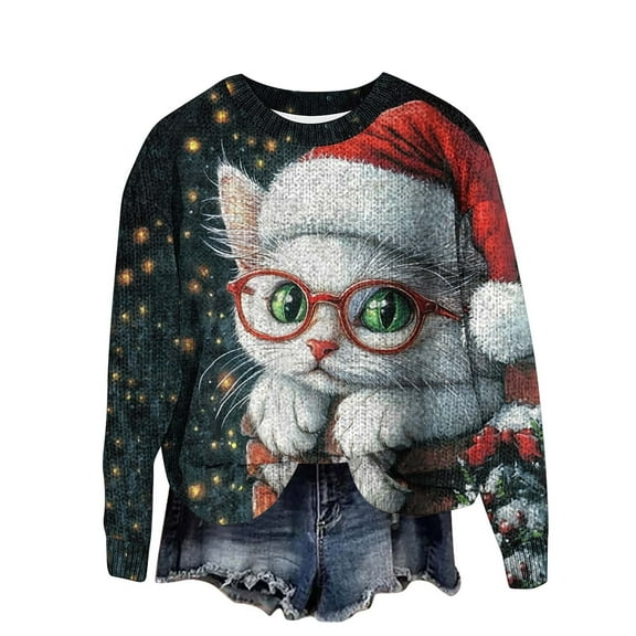 asdoklhq Christmas Plus Size Sweaters for Women's Round Neck Printed Hoodie Long Sleeved Top Multicolor L