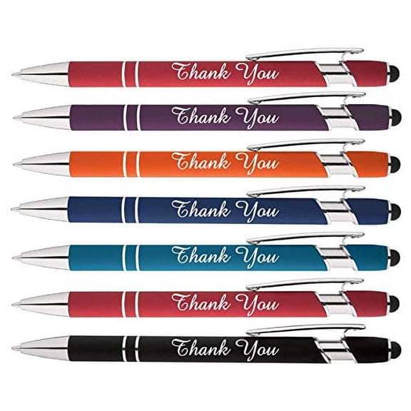"Thank You" words imprinted on our Rainbow Soft Touch Ballpoint Pen with Stylus Tip is a stylish, premium metal pen, black ink, medium point. Box of 7