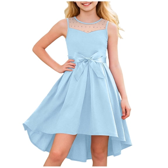 Ohufall Children Girls' Dress Satin Mesh Splicing Bow Belt Dress Pleated Sleeveless Solid Color Princess Dresses 5-16 Years
