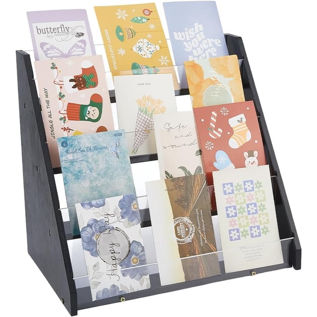Expositor de tarjetas de felicitación de 4 niveles, expositor de pegatinas de bambú y acrílico, organizador de tarjetas negras, estante para exhibir postales, organizador de joyas