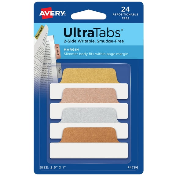 Avery Margin Ultra Tabs, 2.5" x 1", 24CT Repositionable Tabs,  Writable, Asst Metallic Colors (74786)