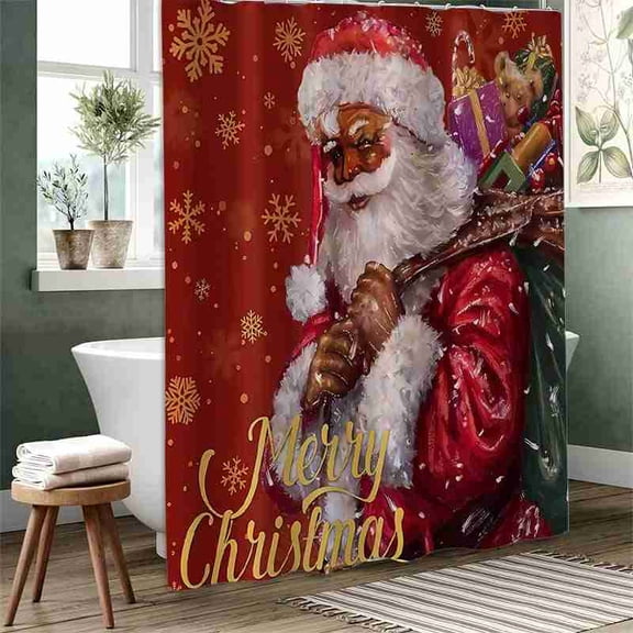 70x70 inch Festive Red Santa Claus with Gift Sack and Snowflakes Shower Curtain, Waterproof Polyester Fabric with Hooks for Bathroom Decor