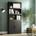 thumbnail image 5 of DIYART 71" Tall Bookshelf with Doors, 5 Tiers Farmhouse Bookcase with Adjustable Shelves, Wooden Rustic Display Cabinet for Home Office, Living Room, Black, 5 of 8