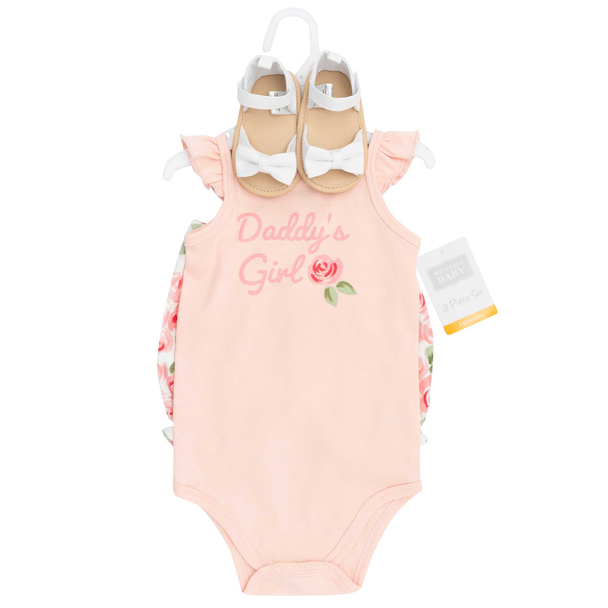 Hudson Baby Girl Cotton Bodysuit, Shorts and Shoe Set, Coral Floral, 0-3 Months