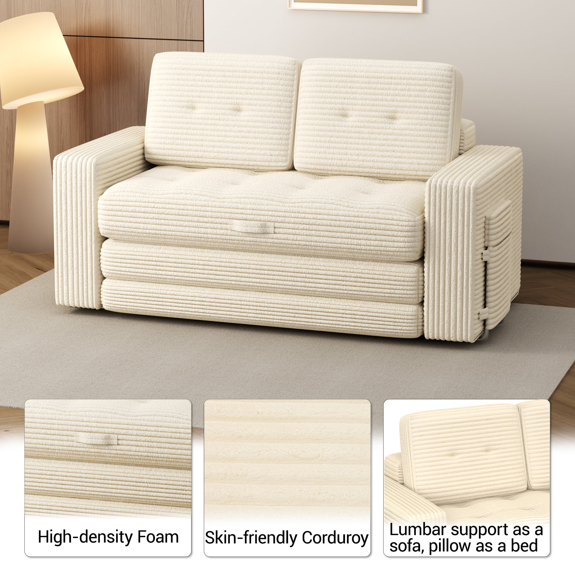 WENTUM Pull Out Loveseat Boneless Couch,Sleeper Sofa, Folding Couch Bed with Pillow for Living Room Bedroom, Beige