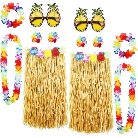 12 Pack Hawaiian Luau Party Costume Kit, 2 Grass Skirts with Flower Leis, Headbands, Wristbands & Pineapple Sunglasses, Tropical Hula Outfit Accessories for Beach Party, Halloween, Carnival