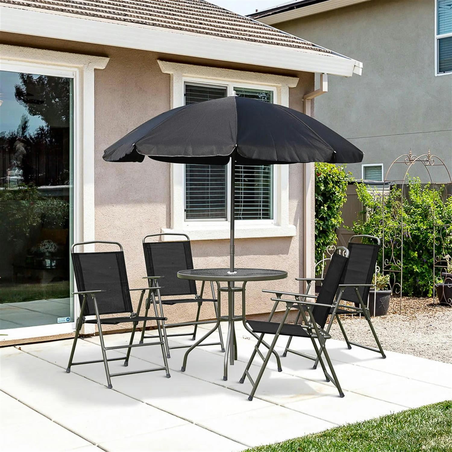 Demi Bonn 6-Piece Outdoor Dining Set with Umbrella, 4 Folding Chairs & Round Glass Table for Garden & Patio, Black