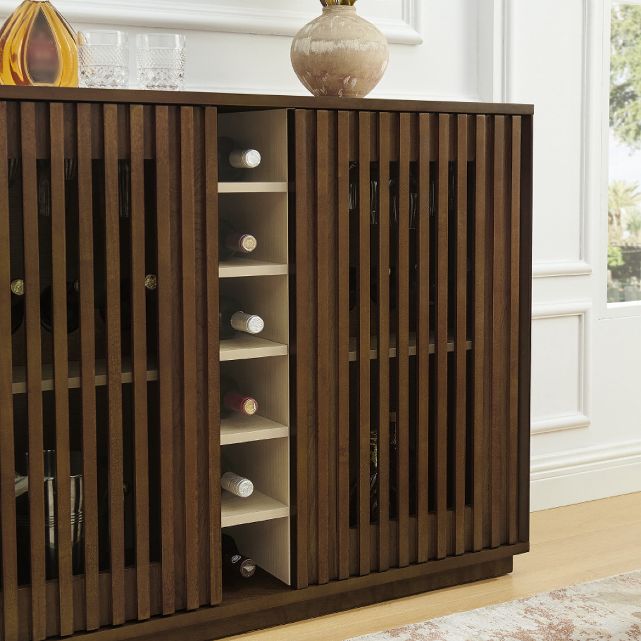 GDF Studio 43.1" Mid Century Modern Fluted Liquor Cabinet with Wine Rack & Glass Holder, Walnut