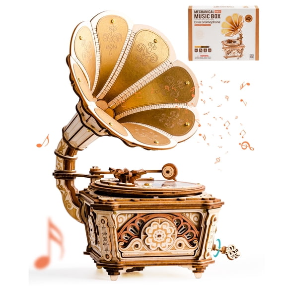 Robotime Wooden 3D Puzzle for Adults to Build, Diva Gramophone Music Box Model Kit, 200 Pieces 3D Puzzle Toys Building Kit, Creative Gifts for Adults Kids