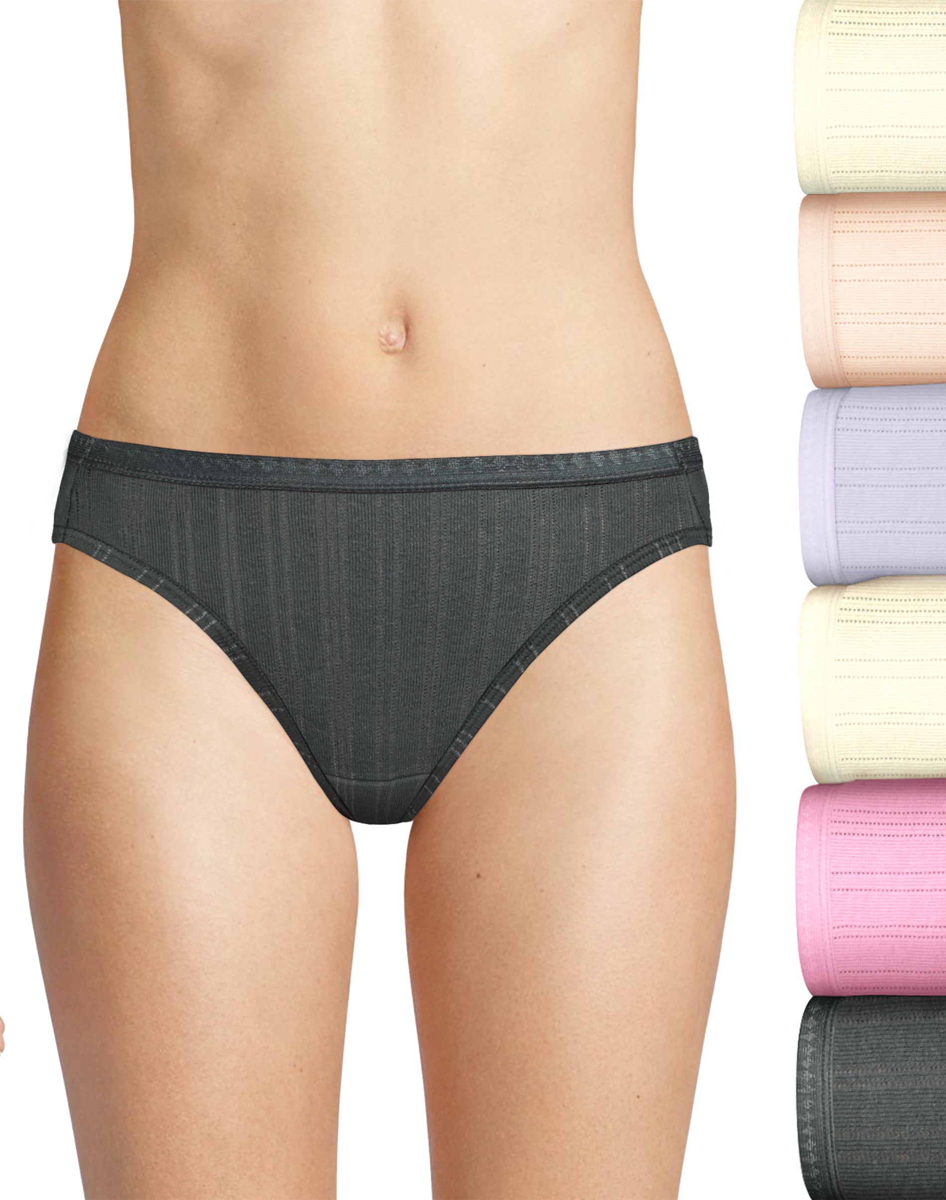 6 White/Pink/Stripe/Grey/Black Assorted Hanes Ultimate Womens Comfort Cotton Bikini Panties 5-Pack