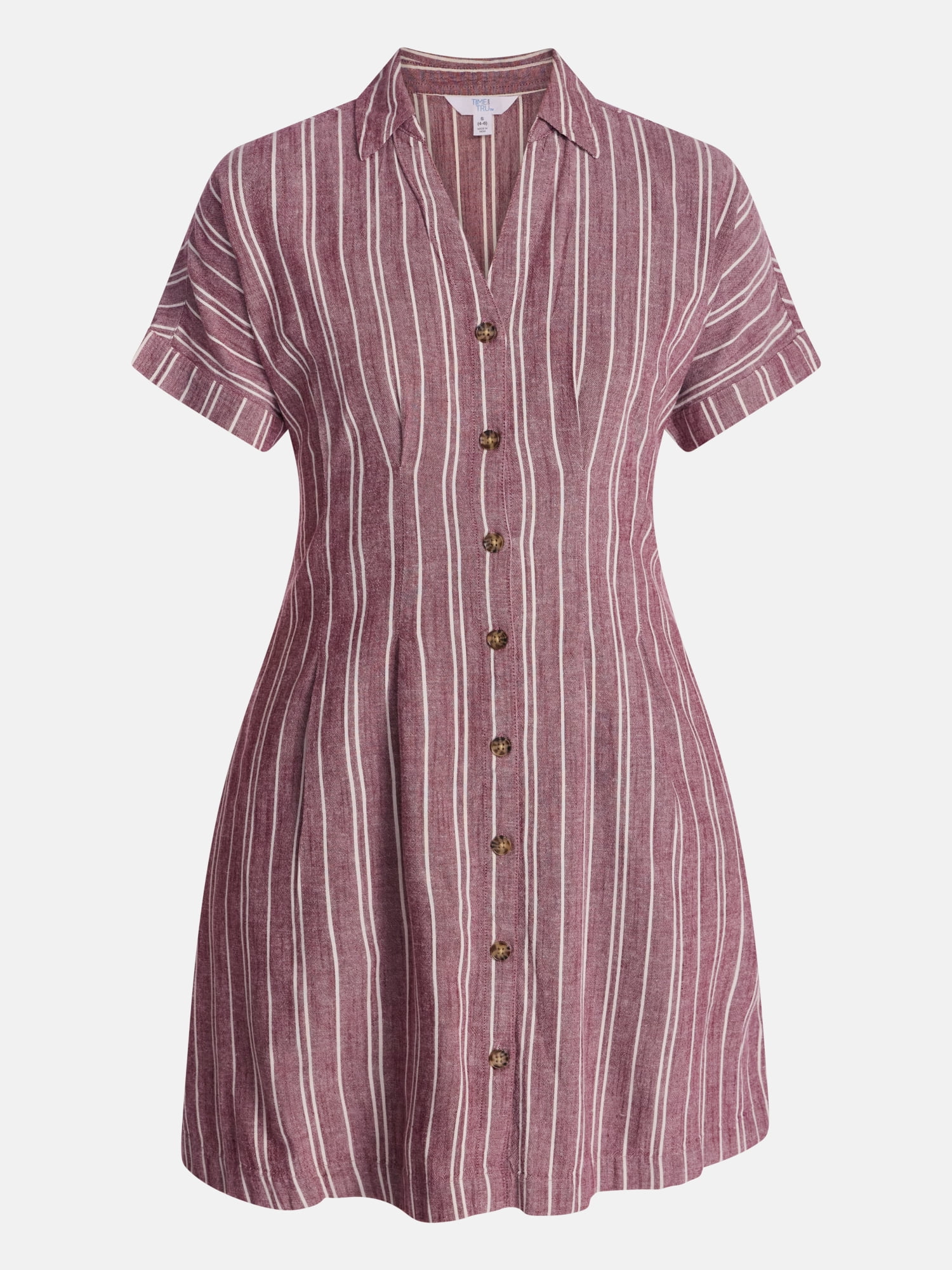 Time and Tru Women's Linen Blend Pleated Mini Shirtdress with Short Sleeves, Sizes XS-XXXL