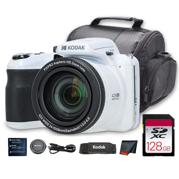 Kodak PIXPRO AZ425 Digital Camera (White) (AZ425WH) + 128GB Card + Bag + Cloth