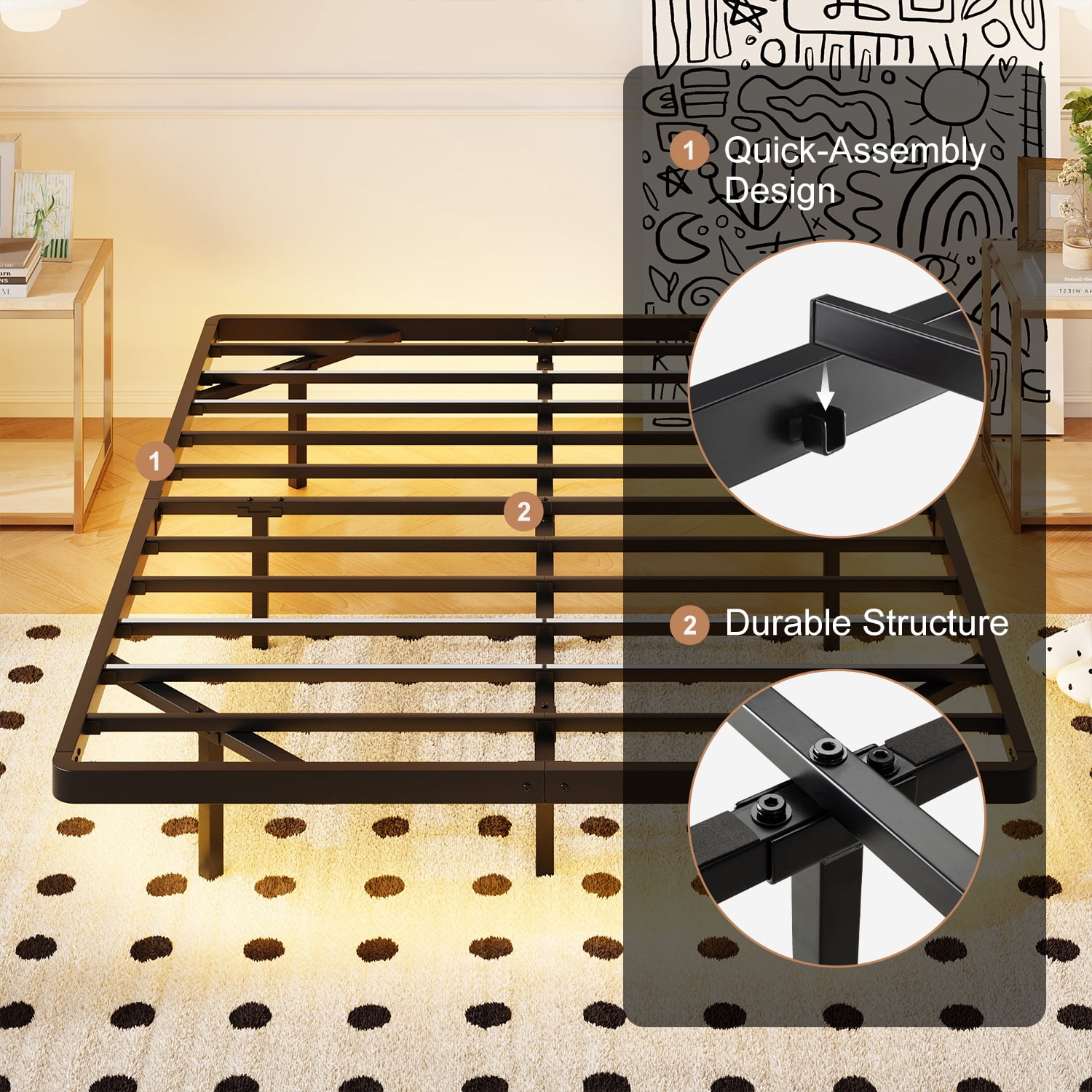 Amolife Heavy Duty Queen Size Floating Bed Frame with Smart LED Lights and Charging Station, Black