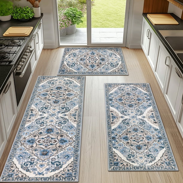 MeyJey Boho Juego de Tapetes y Tapetes de Cocina de 3 Piezas, Tapetes Antideslizantes Lavables a Máquina para el Piso de la Cocina, Comedor/lavandería/sala de Estar, Azul/beige