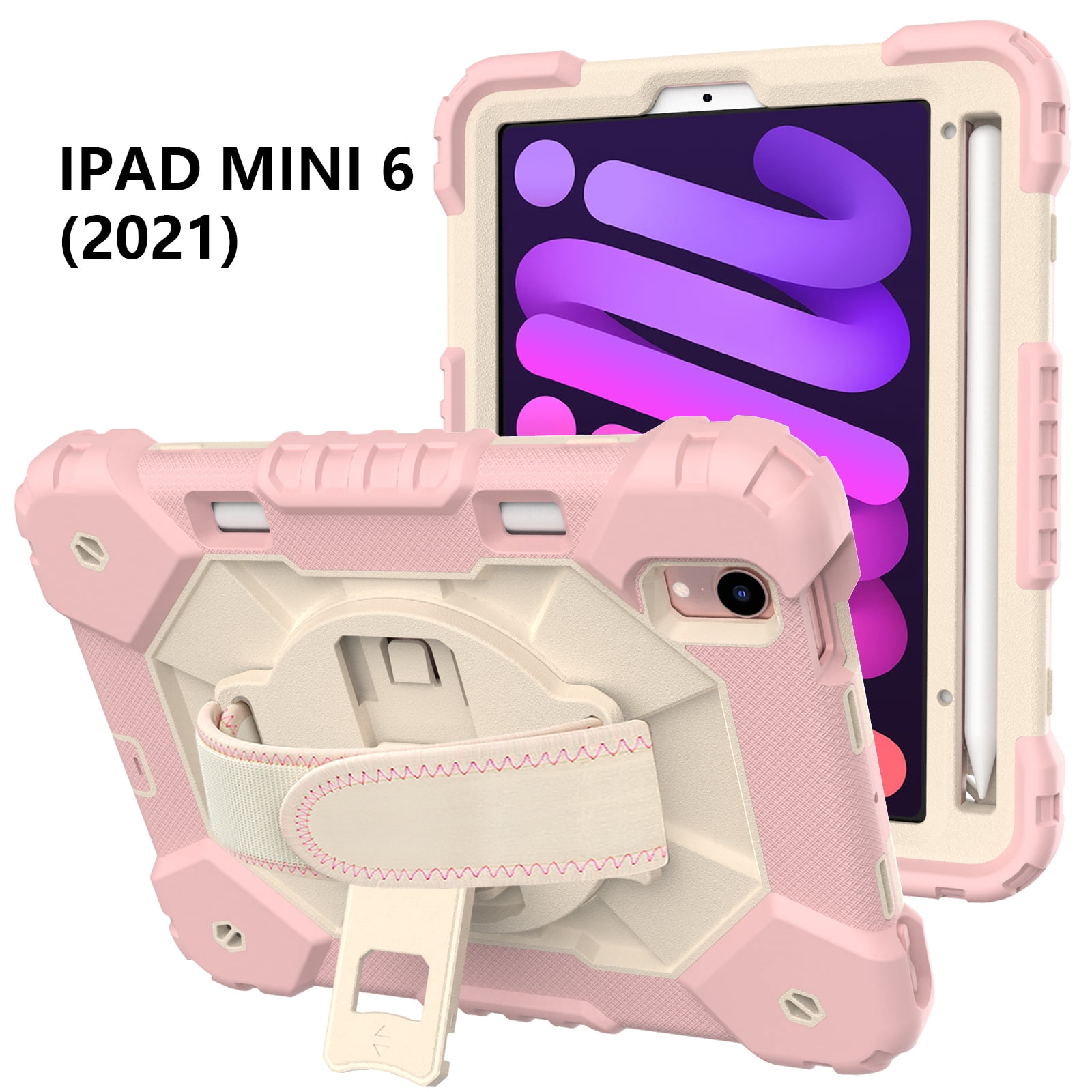 Case for iPad Mini 6 2021 8.3-inch, Kids Shockproof Rugged Hybrid 360 Rotating Stand Cover with Hand Shoulder Strap/Pencil Holder